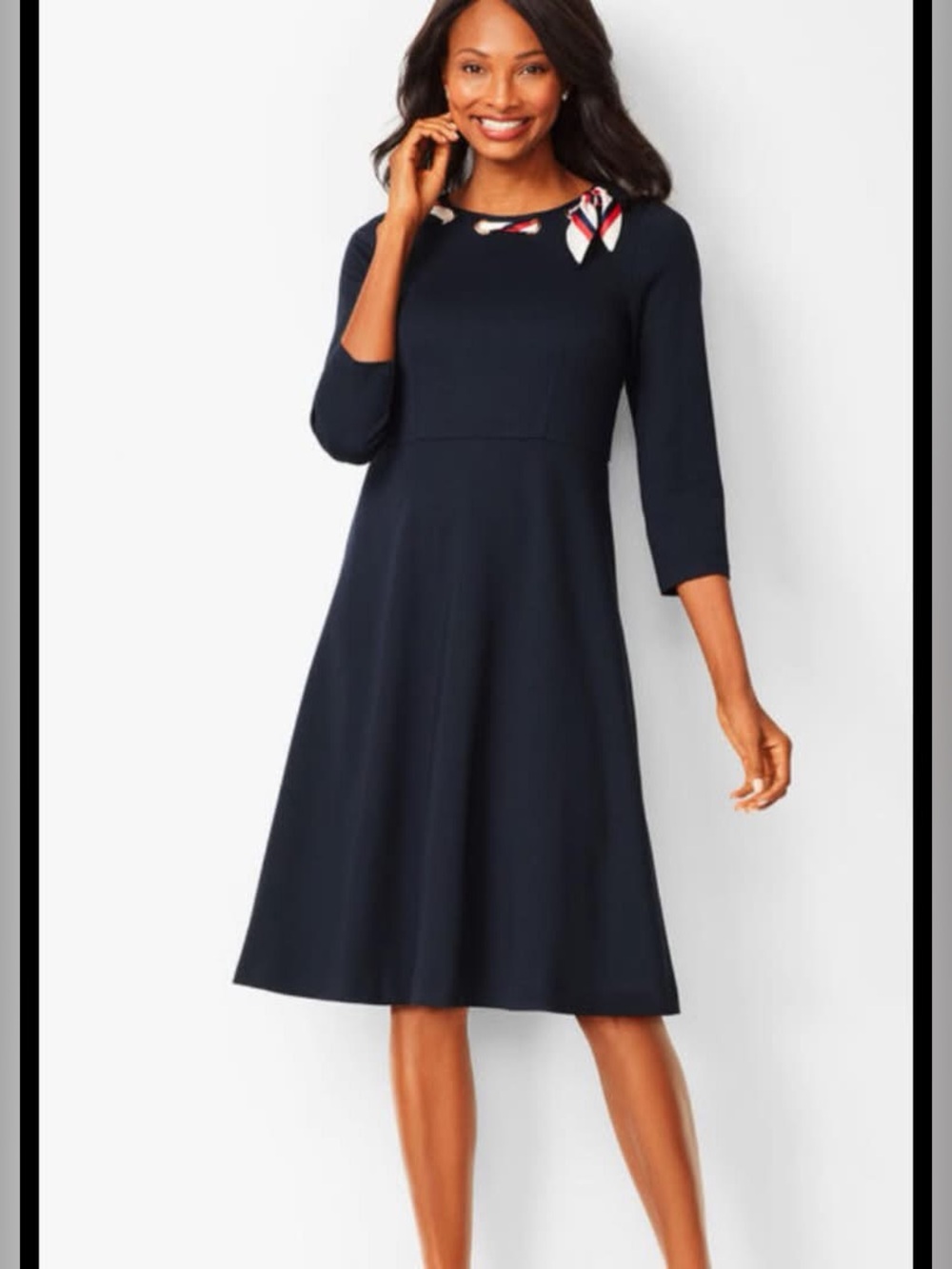 Talbots petites 10p Navy Midi A-Line Dress with Bow Accent